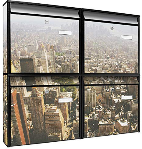 banjado Briefkastenanlage 4 Fach - Postkästen groß - verzinkter Stahl schwarz DIN A4 Motiv Manhattan 1 - Briefkasten Set 4 Briefkästen Namensschild, 2 Schlüssel, Montagematerial