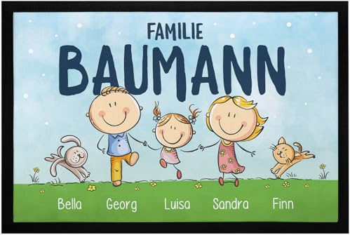 SpecialMe® Fußmatte Familie 1,2,3,4 Kinder personalisiert mit Namen Hund Katze Strichmännchen Geschenk rutschfest & waschbar Schwarz 60x40cm