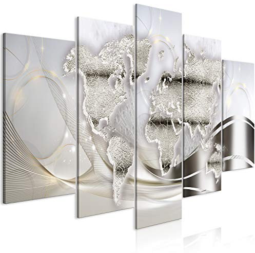 B&D XXL - Tableau Acoustique Carte du Monde 100x50 cm 5 Parties - Décoration Isolation Phonique Bureau Chambre Panneau Insonorisant Impression sur Toile - Artistique Blanc Beige k-C-0133-b-m