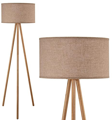 BAKAJI Lampada Piantana da Terra Design Moderno Struttura in Legno Luce Lampadina E27 60 W con Paralume in Tessuto Base Treppiede Dimensione 150 x 45 cm Arredamento Casa (Beige)