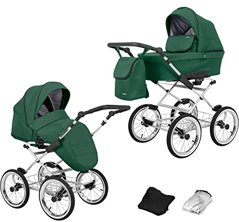 KUNERT Kinderwagen ROMANTIC retro Sportwagen Babywagen Autositz Babyschale Komplettset Kinder Wagen Set 2 in 1 und 3 in 1 (grün- grauer rahmen, 2in1)