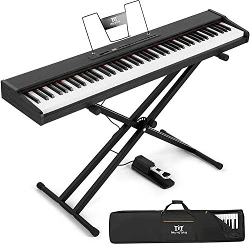 MUSTAR E Piano Digital 88 Tasten, Keyboard mit halbgewichteten & Bluetooth, Portable Set mit Sustain Pedal, Keyboardständer und Tragetasche, Schwarz