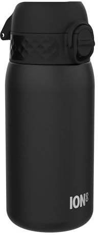 ION8 Botella Agua Inox Ligero para Niños, 400ml, Sin Aislamiento, a Prueba de Fugas, Fácil de Abrir, Cerradura Segura, Aptas para Lavavajillas, Fácil de Limpiar, Resistente a Rayones, Negro