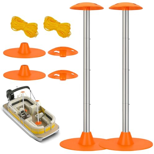 Tuszom Boat Cover Support Pole Systems with Anti-UV PE Ropes & 9 ABS Base, Highly Stable Windproof Support Pole - Adjustbale 1-1/8 in Diameter for V-Hull/Pontoon/Jon Boat Cover (2 Pack)