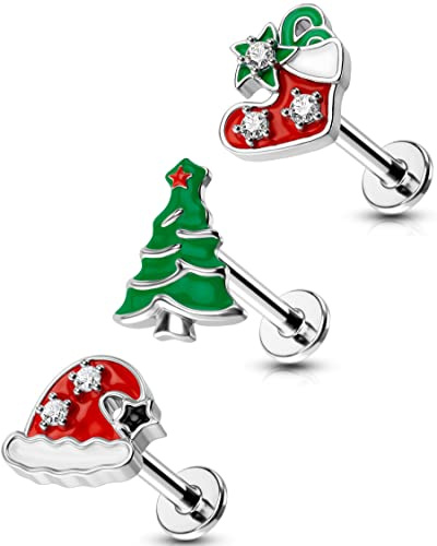 OUFER Body Piercing 16G Labret Lippenpiercing 3pcs Innengewinde Helix Tragus Piercing Weihnachtstag Conch Ohrring Stud 316L Edelstahl Helix Piercing Schmuck, Edelstahl