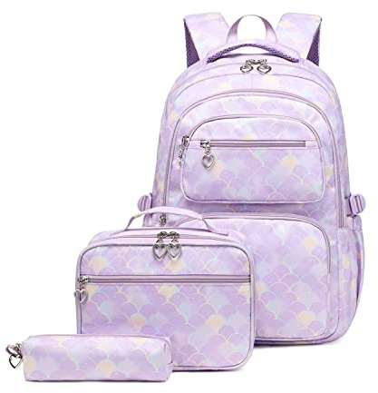 Juego de 3 mochilas para niñas con bolsa de almuerzo para niños, mochila escolar, 3 piezas Sirena-morado, 3Pcs Backpack Set, moderno
