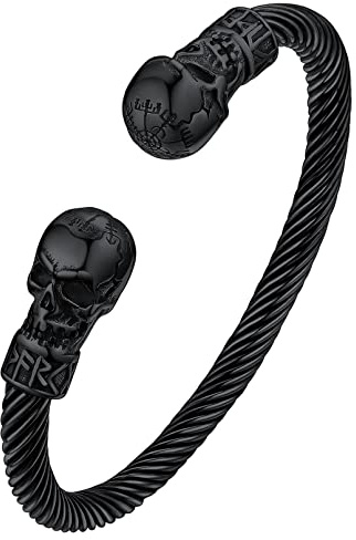 FaithHeart Punk Gothic Armband für Herren Jungen, Schwarz Totenkopf Kettenarmband mit Vegvisir Symbol, Verstellbares Armspange mit Geschenkbox für Valentinstag Geburtstag