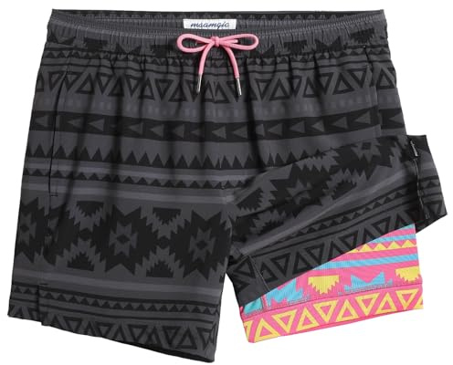 maamgic Mens 5 Inch Stretch Swimming Shorts Compression Liner Swim Trunks Quick Dry Bathing Suits Board Shorts Beach Shorts Swim Suits Geometrical Black Large