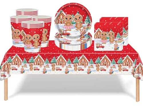 53Pcs Christmas Party Tableware Red Gingerbread Man Decorations,Merry Christmas Tableware Set Party Table Cloth,7inch Paper Plates,Paper Napkins,Cups for Xmas Disposable Dinnerware party Supplier