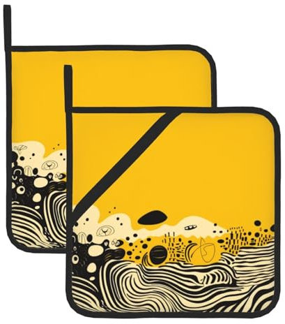 Set di 2 presine da cucina, colore giallo senape e nero, resistenti al calore, antiscivolo, per cucina, cottura, barbecue, presine con tasche