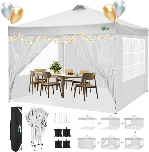 COBIZI Paviljong 3 x 3 m, vattentät, stabil, vintersäker, vikpaviljong, festtält, trädgårdspaviljong med 4 sidodelar, 4 sandsäckar och ventilation, UV-skydd, 50+, popup, vikbar för utomhusträdgård