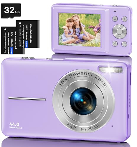 Digitalkamera Fotokamera mit 32GB Karte, 1080P FHD 44MP Kinder Kamera 2,4 '' LCD 16X Digital Zoom Kompaktkamera, Tragbare Fotoapparat mit 2 Akku, Kamera für Kinder, Teenager, Anfänger(Lila)