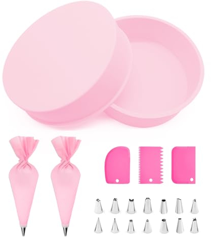 TRUEIN 2 Piezas Moldes Silicona Reposteria Redondo, 20.3 cm/8 inch Molde Redondo de Silicona y 21 Piezas Accesorios Reposteria, Antiadherente Molde Silicona Bizcocho para Tartas de Capas (Rosa)