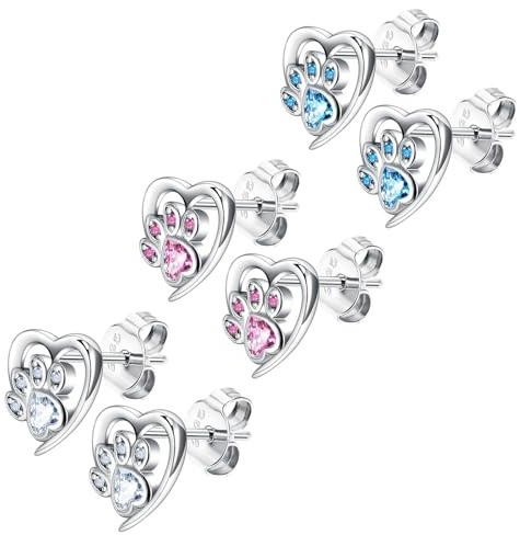 HinDaLi 3 Paar Ohrstecker Herz Ohrringe Silber 925 für Damen Mädchen | Ohrringe Damen Stecker Klein Silber Ohrstecker Herz Rosa mit Zirkonia Hundepfote Ohrstecker Katzenpfote Blau