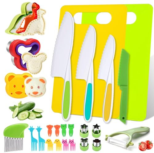 Kindermesser - 26 teiliges Kinder Sicherheit Messer Set zum Kochen oder Schneiden von Obst Brot mit Schneidebrett, Schäler und Brotausstecher etc - Perfektes Weihnachts Geburtstag für Kinder küchenset