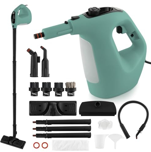 RELAX4LIFE Nettoyeur à Vapeur Portatif 1400W|400ml Réservoir d'Eau|2 Bar|14 Accessoires, Nettoyeur Pressurisé avec Verrouillage, Temps de Nettoyage Illimité pour Canapé Tapis Vitre Verre (Vert)