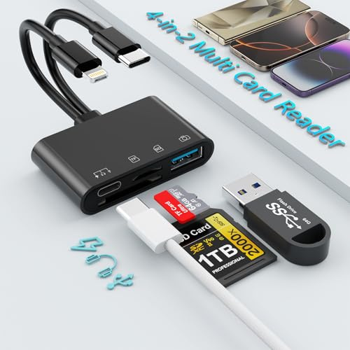 Lecteur de carte SD 4 en 2 pour iPhone, adaptateur Lightning USB C lecteur de carte mémoire, adaptateur de lecteur de carte d'appareil photo avec SD + TF + USB 3.0 + port de charge USB C, lecteur de