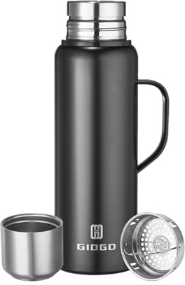 Borraccia termica sottovuoto da 1000 ml, con coperchio a tazza, in acciaio inox, thermos a tenuta stagna, mantiene il caffè caldo e freddo (nero, con manico, 1000 ml)