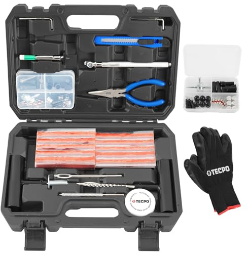 TECPO Reifenreparatur-Set für Reifen bei Auto & Motorrad, mit Einsteckwerkzeug, 60 Reparaturstopfen, Reifendichtmittel, Reifen vulkanisieren, Flickzeug, Pannenset (100-teilig)