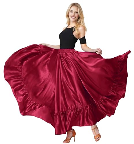 Baisdan Gonna da Donna in Raso con Volant per Danza del Ventre, Flamenco, Folklorica Messicana e Danza del Toro Spagnolo Rosso Scuro