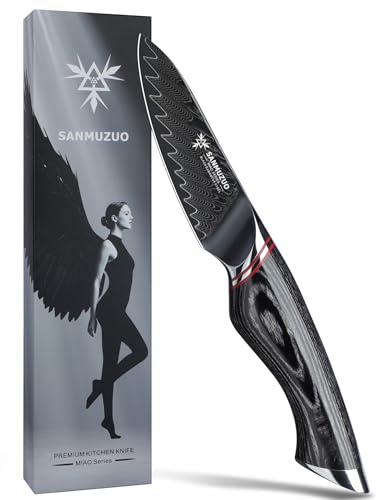 SANMUZUO Coltello spelucchino da 9 CM - Coltelli per sbucciare frutta e verdura, Acciaio Damasco nero con impugnatura ergonomica - Serie MIAO