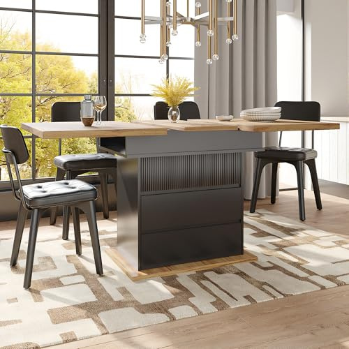Gxffipw Esstisch Ausziehbar mit 3 Ablageebenen für 4-6 Personen, Esszimmertische mit Türen und 2 Schublade, Esszimmertisch Ausziehbar, Küchenmöbel Esszimmermöbel, Holzfarbe+Schwarz, 110-140x80x75 cm