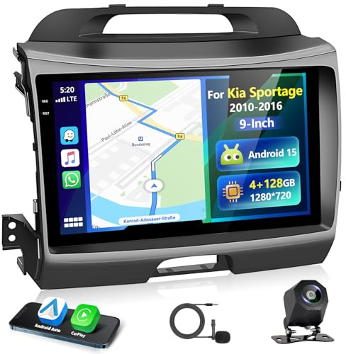 Motorsi 4G+128G Carplay Autoradio per Kia Sportage 2010 2011 2012 2013 2014 2015 2016 con Wireless Android Auto Touchscreen da 9 Pollici GPS Navigation/WiFi/FM/RDS Radio/SWC/Canbus/Bluetooth/EQ+Camera