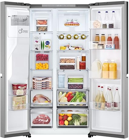 LG GSJE81PYBD Side-by-Side Kühlschrank mit Gefrierfach (628 L, Energieklasse D) mit Eis- und Wasserspender, UVNano, DoorCooling+, Smart Inverter Compressor, Silber