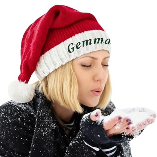 Lousrion Personalisierte Weihnachtsmannmütze, personalisierbare Weihnachtsmütze mit Namen, gestrickte rot-weiße Mütze mit Bommel, für Feiertagsparty-Geschenk
