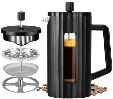 Otopone Cafetiere, 1L / 8 Cups French Press, Heat Resistant Coffee maker with 3 Level Filtration System, Coffee Pot for Travel and Home Gift (Black)