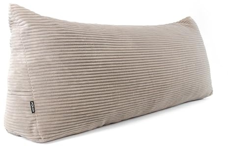 POKAR Rückenkissen | Cord Keilkissen 200x50x20 cm | Lesekissen für Bett und Sofa | Sofakissen für Rückenlehne | Groß Wandkissen Couchkissen mit Seitentaschen | Oeko Tex 100 Zertifiziert | Beige