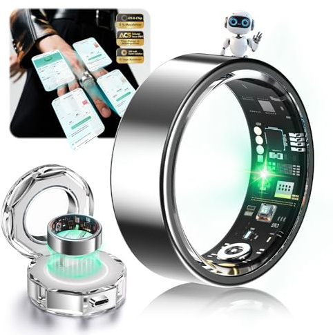 Lozltx Smart Ring Mit kabellose Ladestation【IP68 Wasserdicht】 Smartring【JZ5.2-Chip】 Fitness Ring - 30 Sprachen-Support Smartringe für Damen & Herren für Android IOS（Silber, Größe 8）