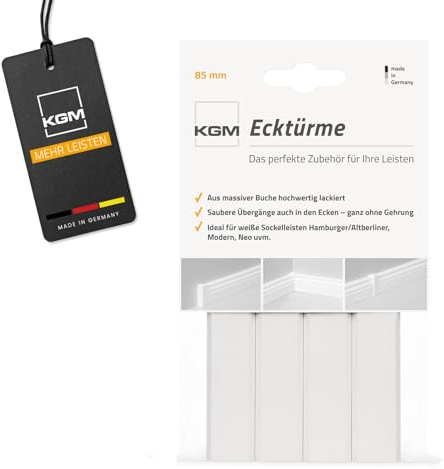 KGM 4x Eckturm Vorteilspack - Weiß lackierte Innen-, Außenecke oder Verbinder zwischen den Sockelleisten - Auch als Endkappe, Abschluss & Endstück geeignet - Maße: 21 x 21 x 85 mm - 4 Stück