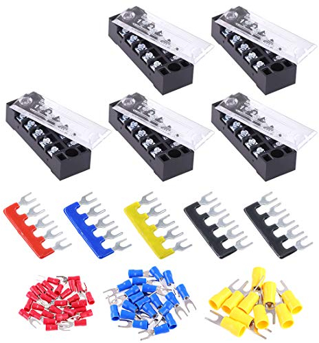 Glarks 70Pcs(5Sets) Terminal Block Set, 5Pcs 5 Positions 600V 15A Dual Row Screw Terminals Strip + 5Pcs Pre-Insulated Barrier Strips + 60Pcs Insulated Fork Wire Connector (5P+Fork Connector)