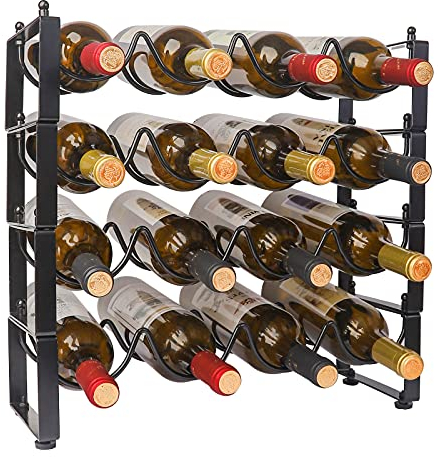 TONLEA 4 Etagen Stapelbar Weinregal, 3-in-1 Flaschenregal für 16 Flaschen, Kann Separat Oder Stapelbar Weinflaschenregal aus Metall, Freistehend Weinlagerregal für Kabinett Speisekammer (Schwarz)