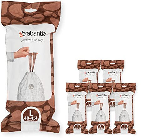 Brabantia Bolsas de Basura PerfectFit 6 lotes (Código L/40-45L) Extra Resistentes Bolsas con cinta de cierre (120 Bolsas)