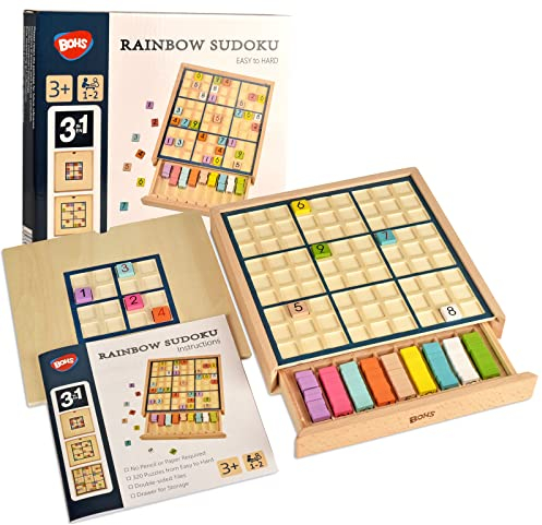 BOHS Hölzernes Regenbogen-Sudoku für Kinder – 3 in 1, leicht bis schwer – mit Buch mit 320 Sudoku-Rätseln – Desktop-Denkspiel-Spielzeug