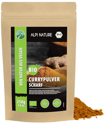 Alpi Nature Curry Pulver scharf BIO 250g, Premium Qualität Curry Pulver | indische Gewürze mit Chili, ideal für Currys, Fleisch, Eintöpfe, Reisgerichte, Saucen & Marinaden