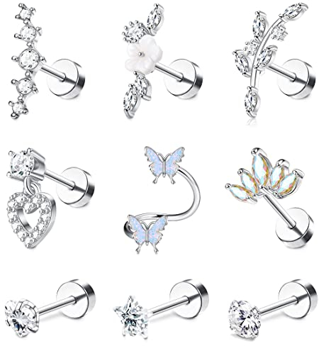 Adramata 9 Pcs 16G Helix Piercings für Damen Chirurgenstahl Ohrringe Piercing Schmetterling Blume Schlange Ohrpiercing Ohrstecker Knorpel Ohrringe Set Helix Tragus Piercing Ohr Schmuck