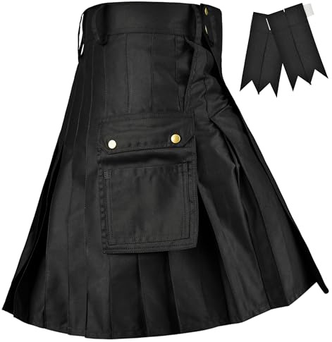 Mens Kilt Scottish Phantom Utility Kilts for Men Traditional Highland Costume Kilts with Cargo Pockets (Black, 36)