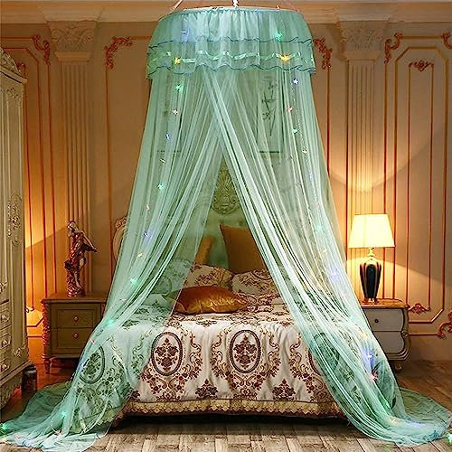 SHAIRMB Moskitonetz-Betthimmel für Mädchen, Moskitonetz fürs Bett, King-Size-Betthimmel Hängendes Vorhangnetz, Prinzessin runder Reifen Transparenter Betthimmel,Grün