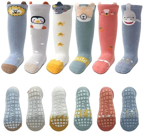 FedMois 6 Paires Chaussettes hautes (en dessous du genou) antidérapantes en Coton Bébé Enfant, Le requin, 1-3 ans