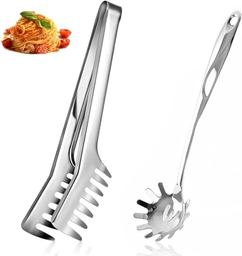 Spaghetti Server Set, Edelstahl Spaghettizange, Edelstahl Pasta Löffel, Spülmaschinenfest geeignet zum Backen und Kochen von Nudeln auch für Salate geeignet (2er-Set silber)