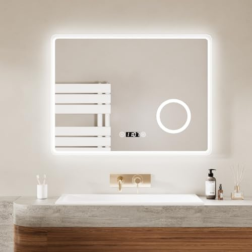 EMKE® Badezimmerspiegel Led Badspiegel, Touch-Schalter, Dimmbar, 3 Lichtfarbe Einstellbare Spiegel Bad mit Beleuchtung, Wandspiegel mit Licht, Beschlagfrei 80x60 cm
