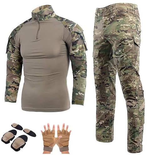 Airsoft Tarnanzug Herren Langarm-Rip-Stop-Uniformen Paintball Ausrüstung mit Ellbogenschützern,Knieschützern und Kampfhandschuh Tactical Gear,Camo-M