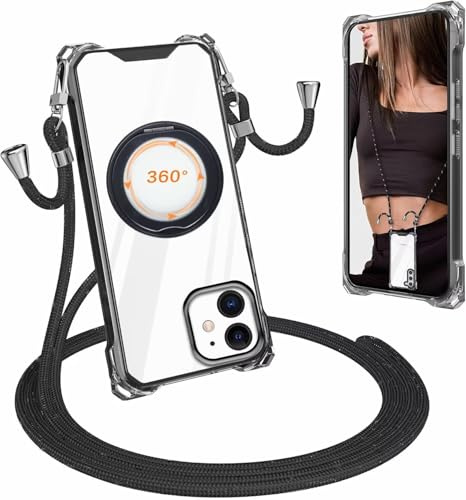 360 Grad Drehbare Ring Hülle für iPhone 12 Pro/iPhone 12 Kompatibel mit MagSafe, Handykette für iPhone 12 Pro/iPhone 12 Hülle mit Band,Dünn Stoßfeste Handyhülle mit Ständer & Ring Halter ,schwarz