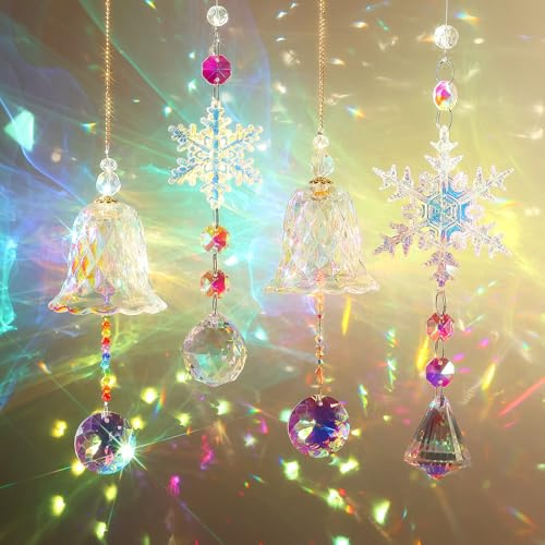 YeahBoom 4 Stück Weihnachten Sonnenfänger Kristall Fenster, Schneeflocke Bells Deko, Regenbogen Kristalle