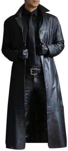 Maiyifu-GJ Mens Retro Faux Leather Trench Coat Full Length Steampunk Long Overcoat Vintage Open Front Cardigan Jacket, Black, M