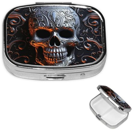 Pillendose mit Totenkopf-Grafik, tragbar, klein, 2 Fächer, Metall, Pillendose für Geldbörse, Tasche