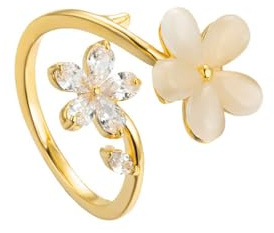 IMINI Dainty Flower Ring for Women Girls Sparkling Crystal Daisy Adjustable Statement Rings Pearl Chic Engagement Promise Ring Wrap Finger Open Band 14K Gold Plated Jewelry Gifts